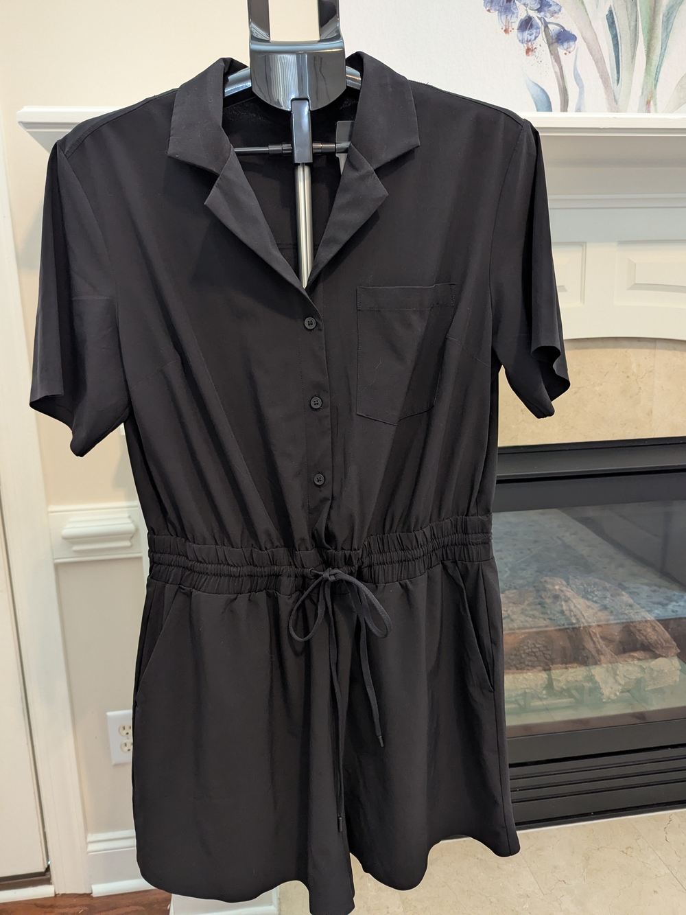 Athleta Avenue Rhomper - Black Short Sleeve Drawstring Romper Shorts